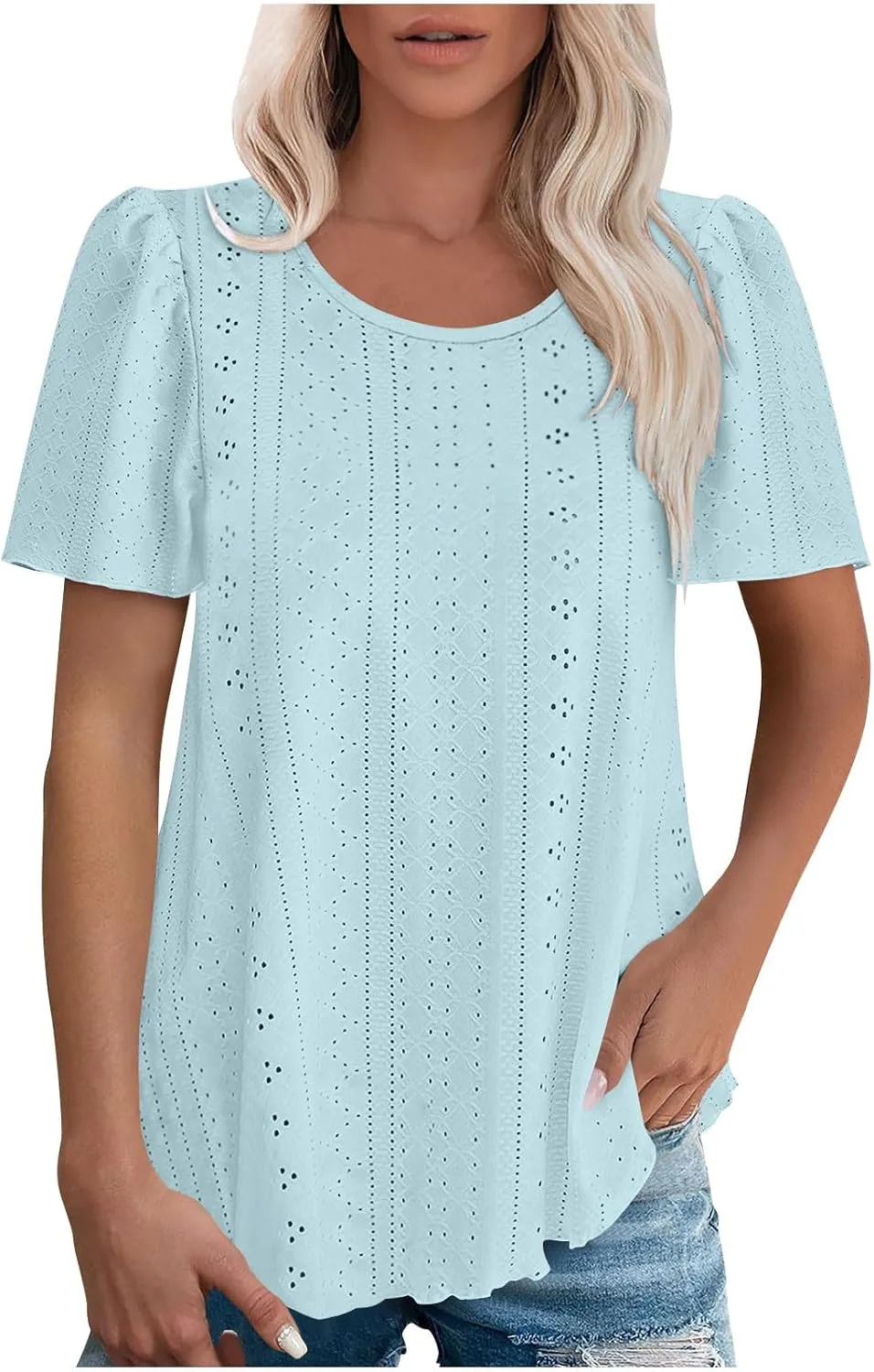 Women Tshirts Short Puff Sleeve Fish Net Crew Neck Tops Thin Breathable Loose Basic Shirt Summer Tee for Women 2025