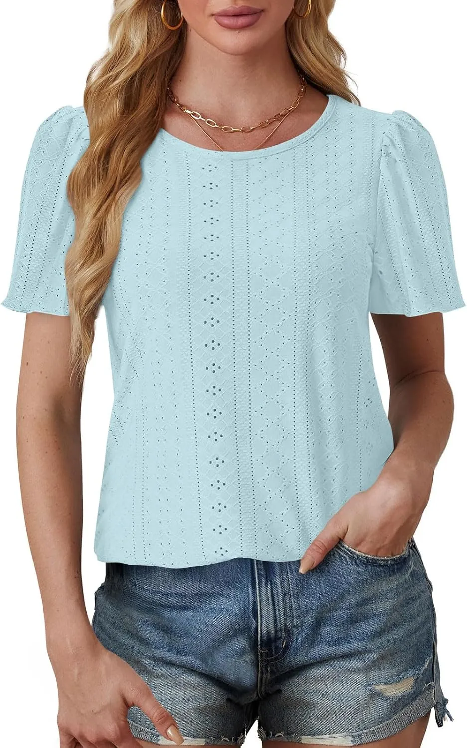 Women Tshirts Short Puff Sleeve Fish Net Crew Neck Tops Thin Breathable Loose Basic Shirt Summer Tee for Women 2025