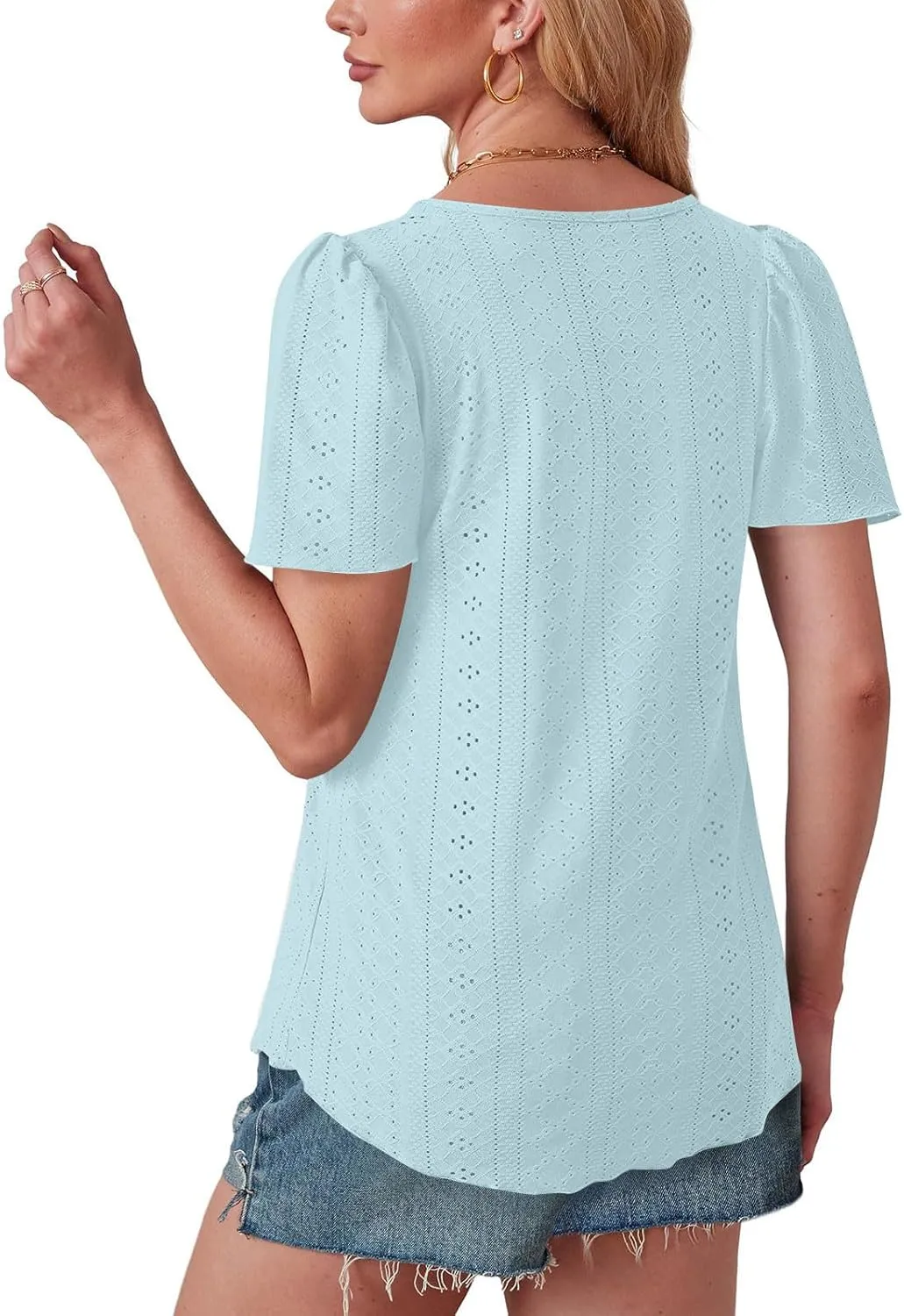 Women Tshirts Short Puff Sleeve Fish Net Crew Neck Tops Thin Breathable Loose Basic Shirt Summer Tee for Women 2025