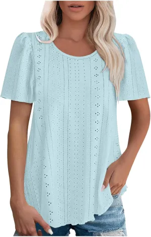 Women Tshirts Short Puff Sleeve Fish Net Crew Neck Tops Thin Breathable Loose Basic Shirt Summer Tee for Women 2025