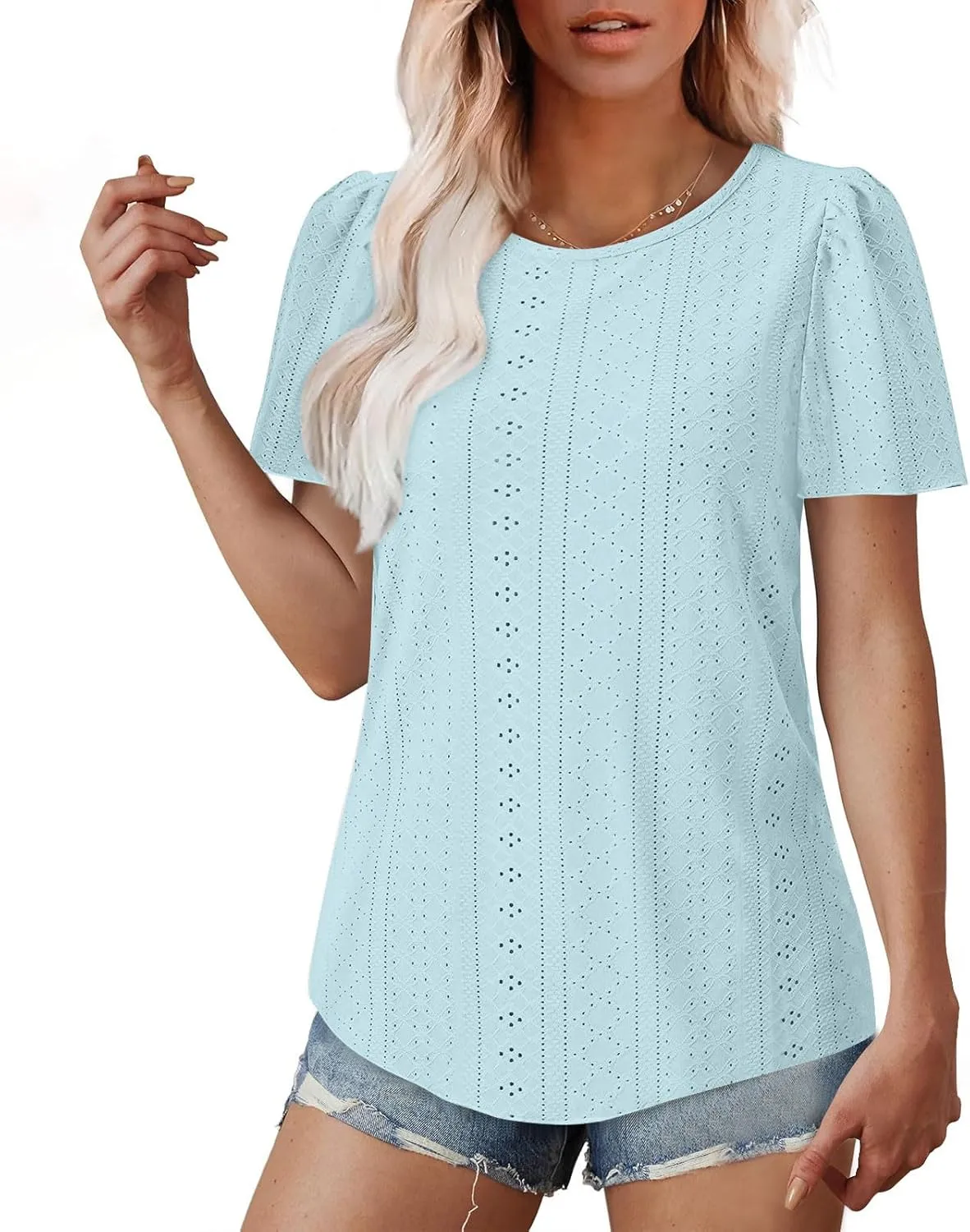 Women Tshirts Short Puff Sleeve Fish Net Crew Neck Tops Thin Breathable Loose Basic Shirt Summer Tee for Women 2025