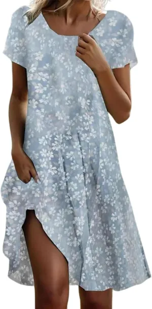 Women's 2025 Summer Dresses Short Sleeve Casual V Neck Flowy Swing Midi Dress A Line Beach Vacation Boho Sundress