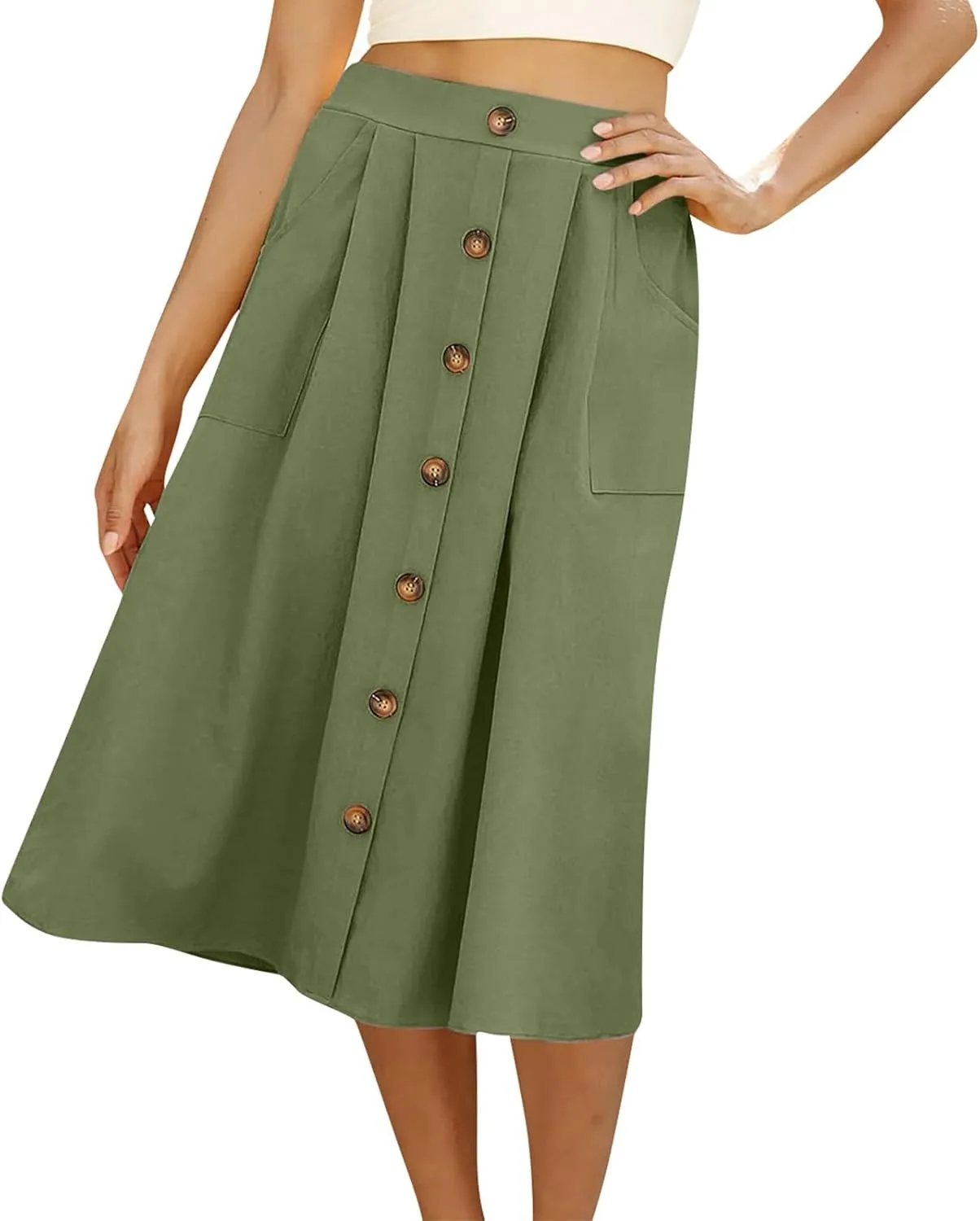 Womens A Line Midi Skirt Vintage Front Button Swing Skirt Summer Casual High Waisted Pleated Midi Skirt with Pockets