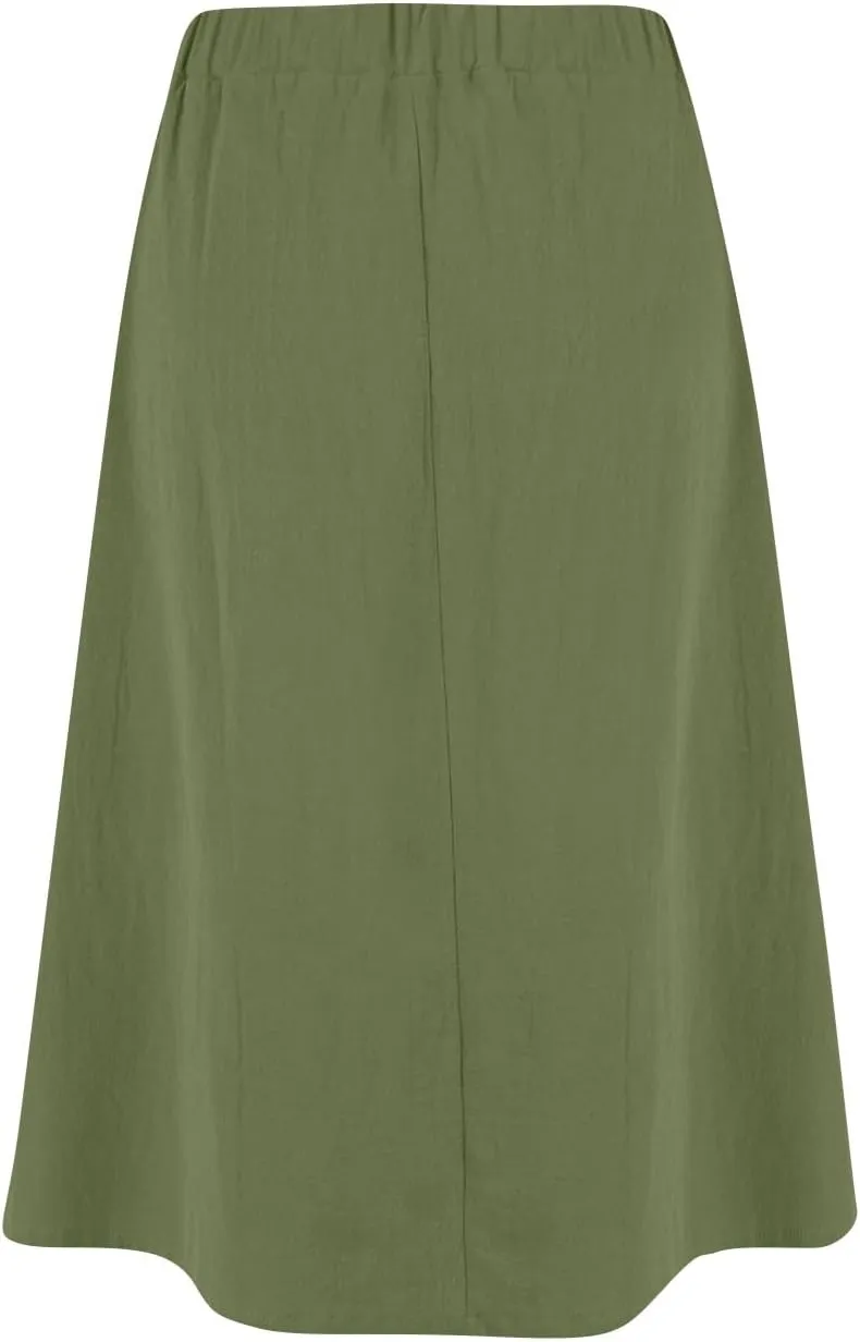 Womens A Line Midi Skirt Vintage Front Button Swing Skirt Summer Casual High Waisted Pleated Midi Skirt with Pockets