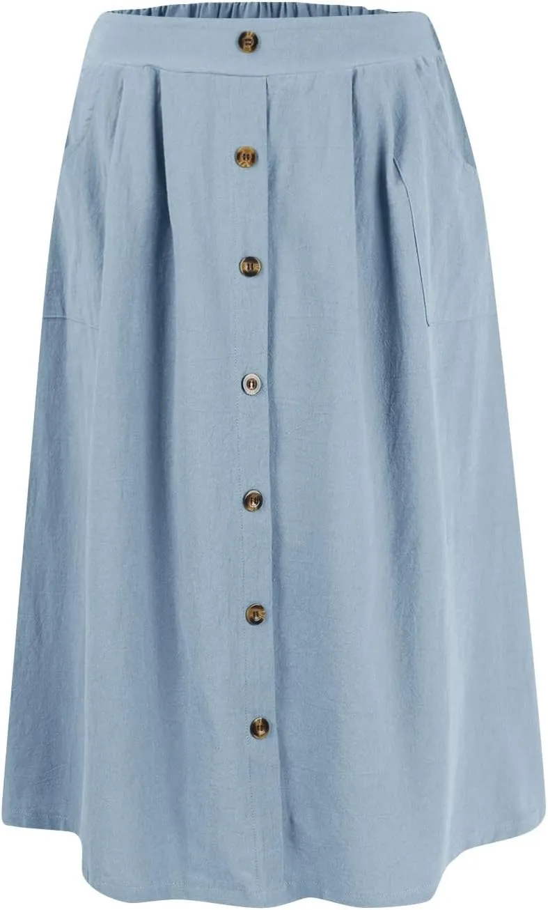 Womens A Line Midi Skirt Vintage Front Button Swing Skirts Summer High Waisted Pleated Midi Skirt with Pockets