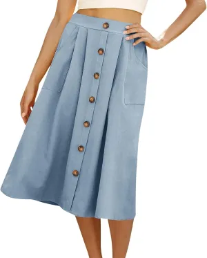Womens A Line Midi Skirt Vintage Front Button Swing Skirts Summer High Waisted Pleated Midi Skirt with Pockets