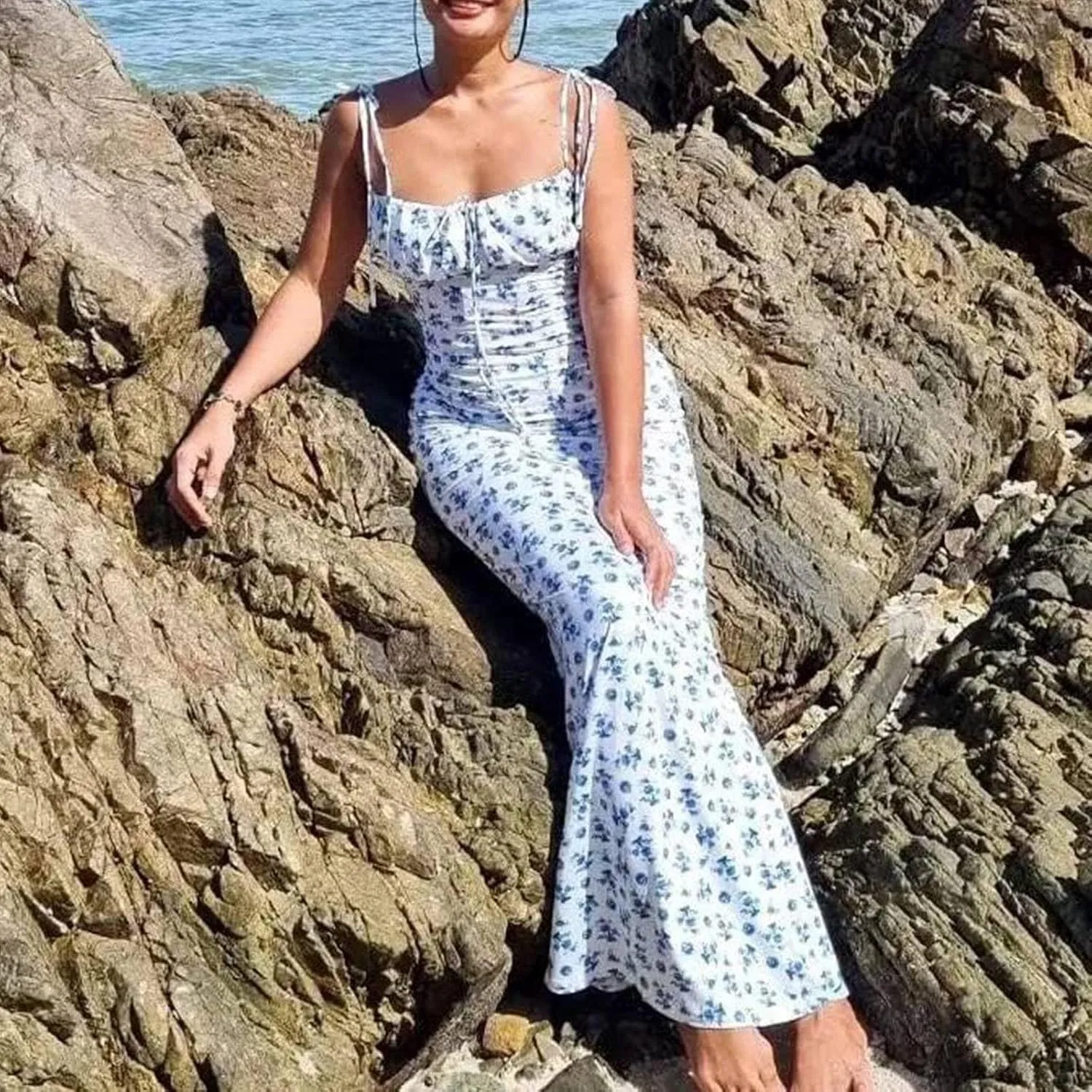 Womens Boho Bodycon Floral Maxi Dress Summer Spaghetti Strap Low Cut Cami Dress Sleeveless Sexy Backless Long Dresses