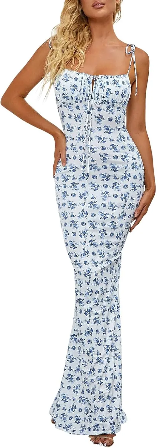 Womens Boho Bodycon Floral Maxi Dress Summer Spaghetti Strap Low Cut Cami Dress Sleeveless Sexy Backless Long Dresses