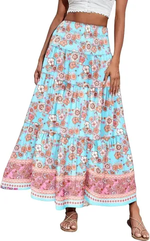 Women's Boho Floral Maxi Skirt Casual Elastic High Waist Maxi Skirts Vintage Flowy Beach Long Beach Vacation Dress