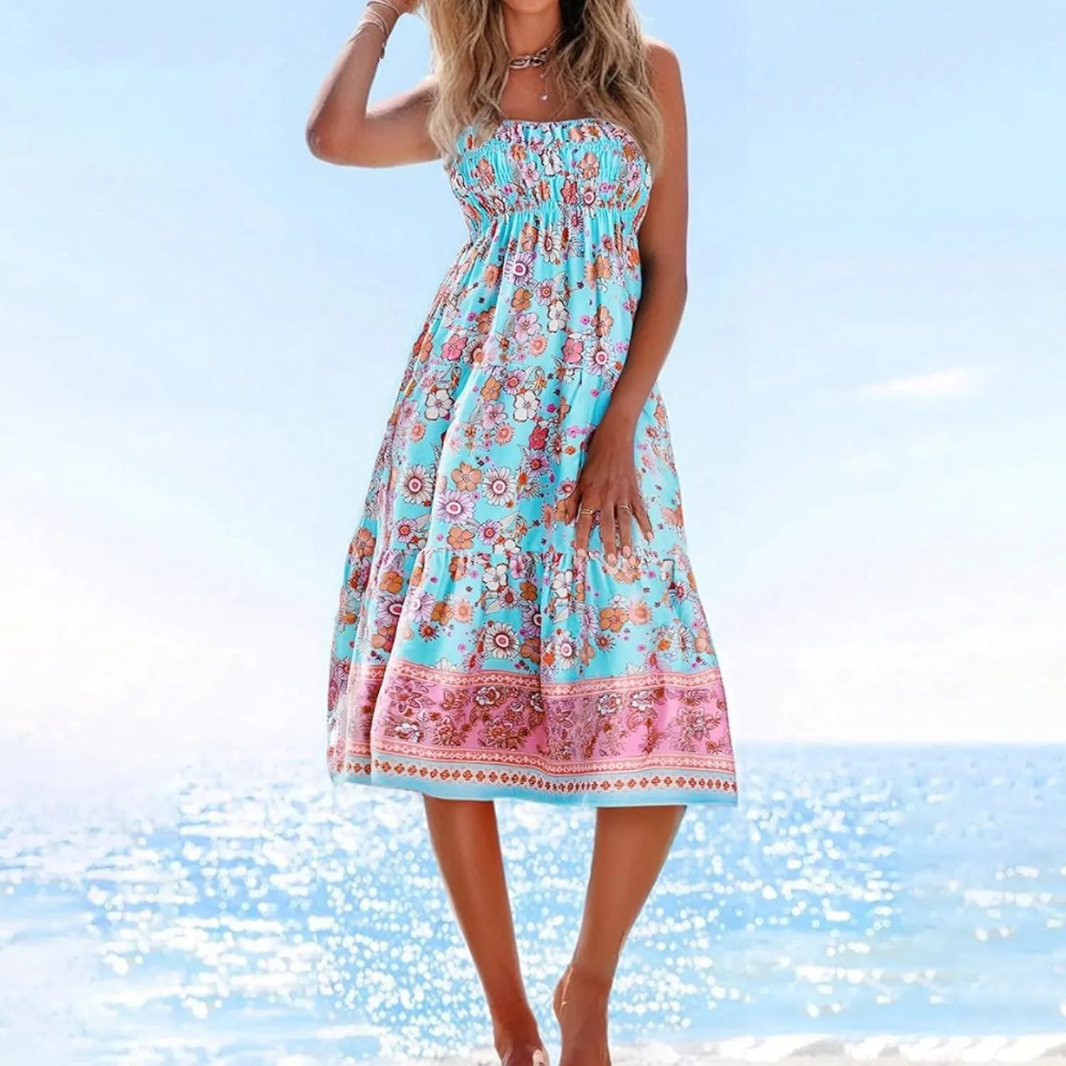 Women's Boho Floral Maxi Skirt Casual Elastic High Waist Maxi Skirts Vintage Flowy Beach Long Beach Vacation Dress