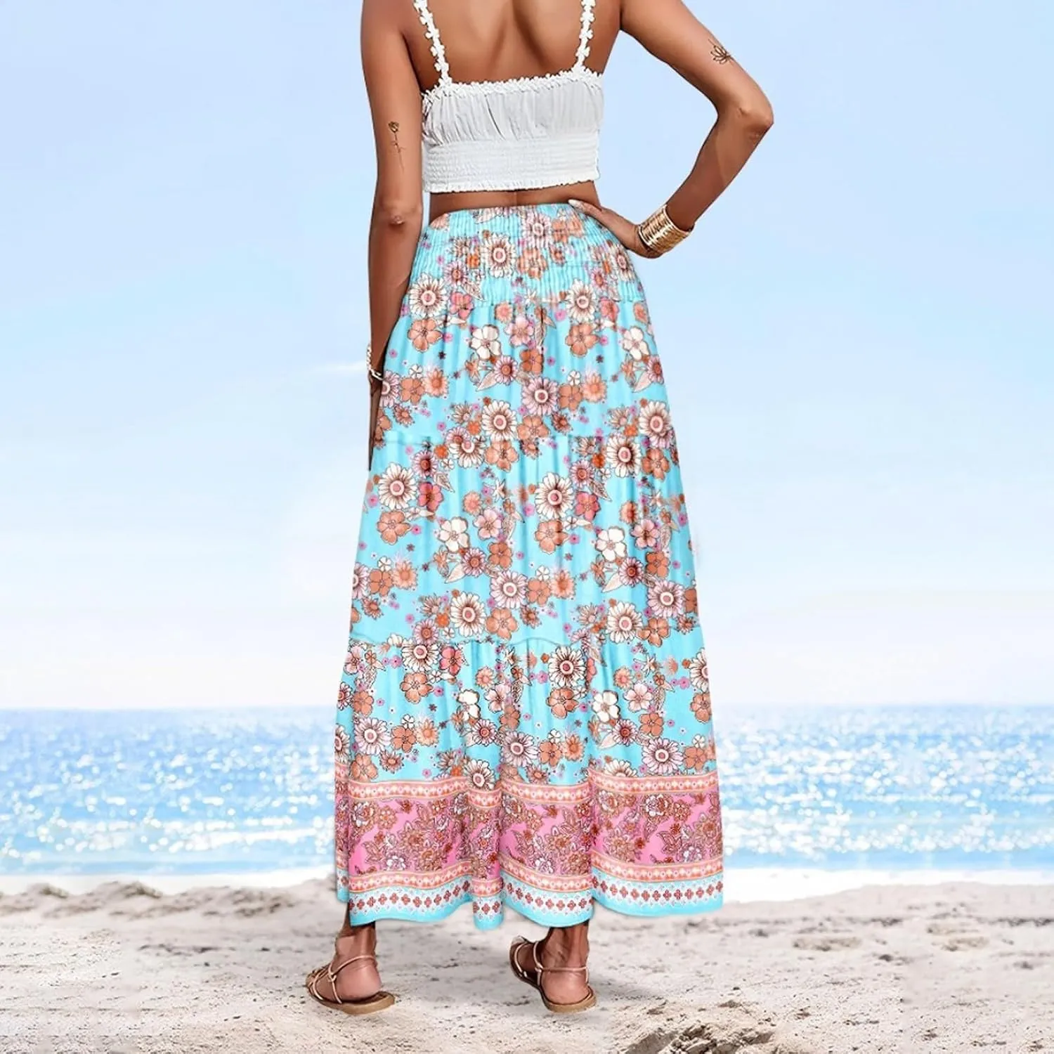 Women's Boho Floral Maxi Skirt Casual Elastic High Waist Maxi Skirts Vintage Flowy Beach Long Beach Vacation Dress