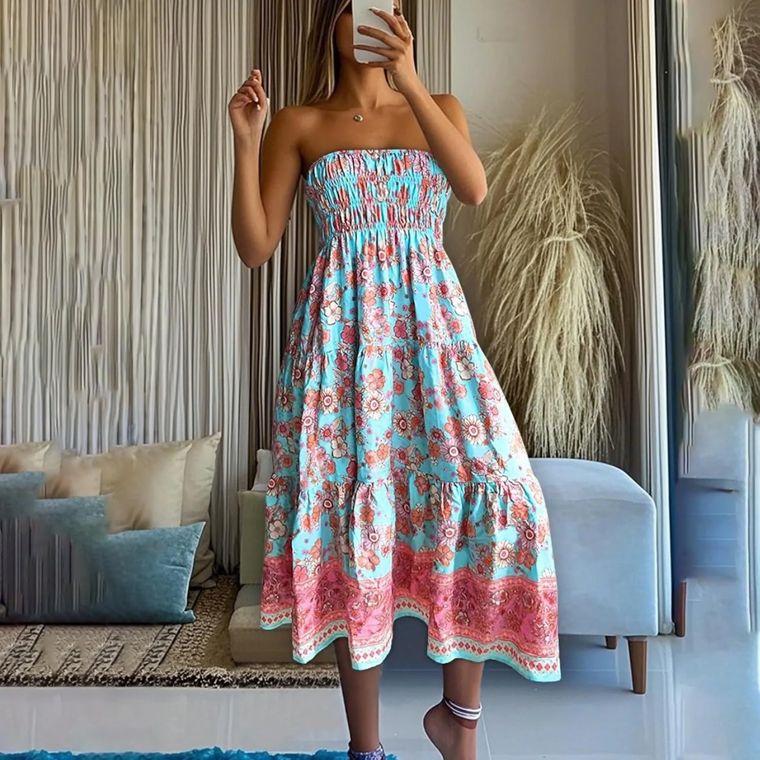 Women's Boho Floral Maxi Skirt Casual Elastic High Waist Maxi Skirts Vintage Flowy Beach Long Beach Vacation Dress