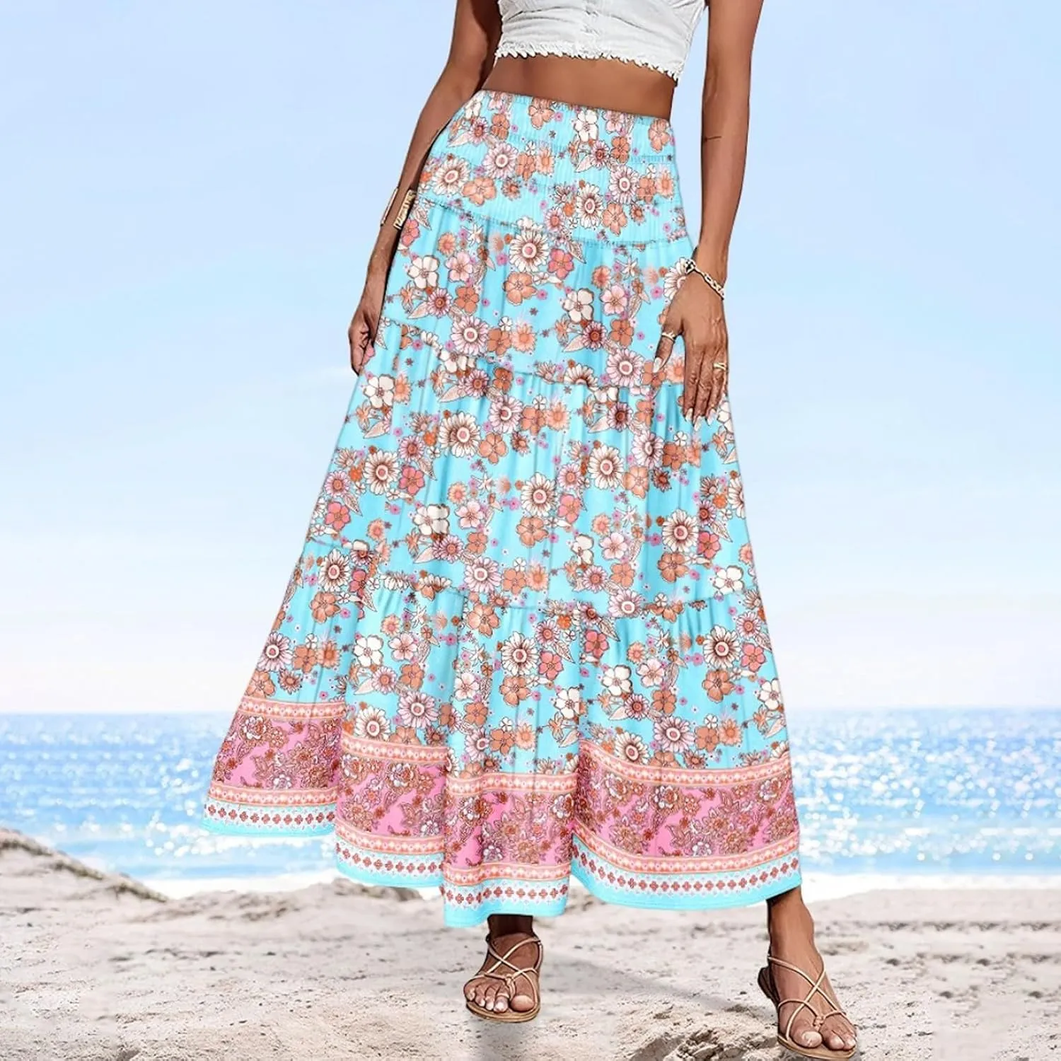 Women's Boho Floral Maxi Skirt Casual Elastic High Waist Maxi Skirts Vintage Flowy Beach Long Beach Vacation Dress