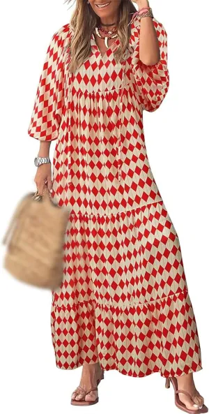 Womens Boho Maxi Dresses 2025 Summer V Neck Puff Sleeve Midi Dress Bohemian Geometric Pattern Maxi Long Dresses