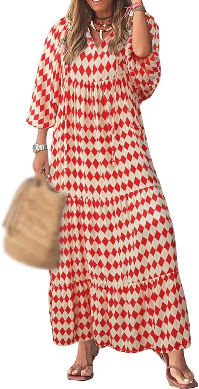 Womens Boho Maxi Dresses 2025 Summer V Neck Puff Sleeve Midi Dress Bohemian Geometric Pattern Maxi Long Dresses