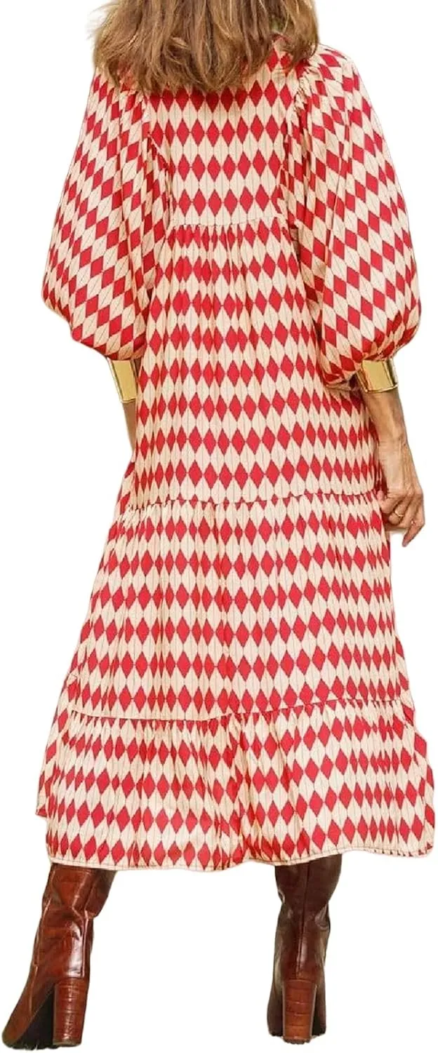 Womens Boho Maxi Dresses 2025 Summer V Neck Puff Sleeve Midi Dress Bohemian Geometric Pattern Maxi Long Dresses