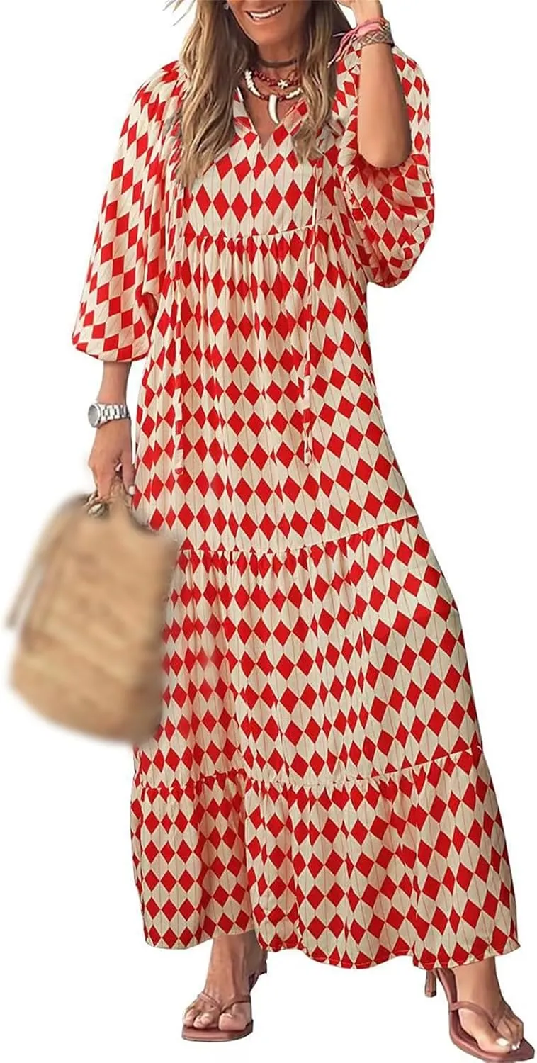 Womens Boho Maxi Dresses 2025 Summer V Neck Puff Sleeve Midi Dress Bohemian Geometric Pattern Maxi Long Dresses