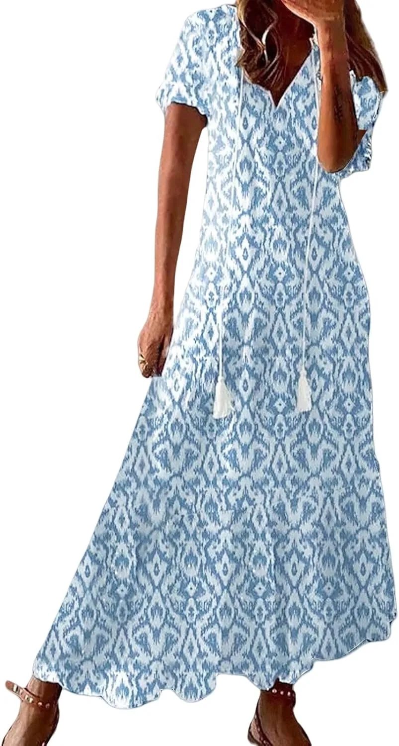 Womens Boho Maxi Dresses Summer Casual V Neck Ruffle Dress Loose Floral Maxi Dress Flowy Beach Vacation Dresses 2025