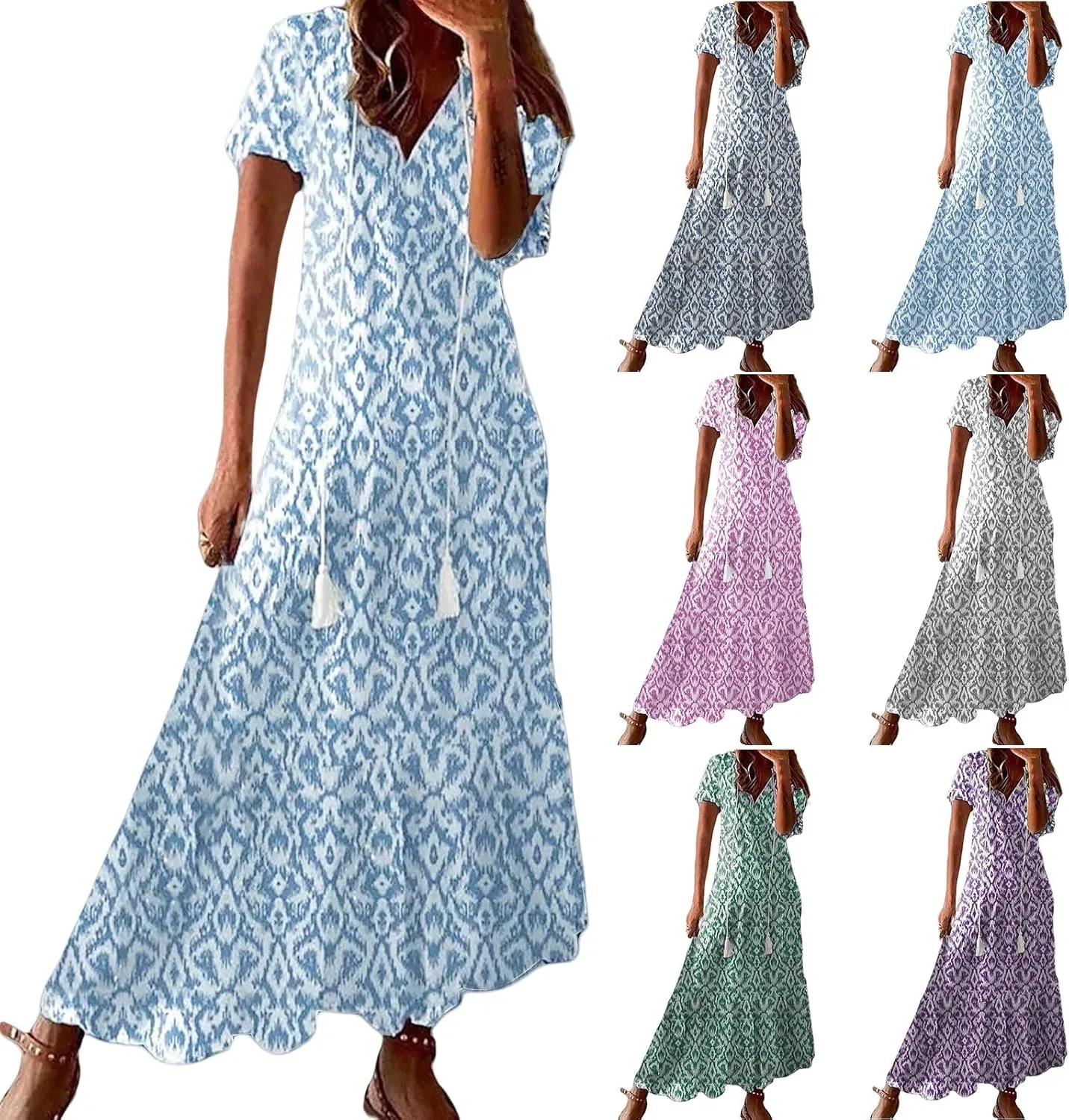 Womens Boho Maxi Dresses Summer Casual V Neck Ruffle Dress Loose Floral Maxi Dress Flowy Beach Vacation Dresses 2025