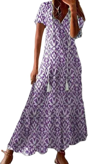 Womens Boho Maxi Dresses Summer Casual V Neck Ruffle Dress Loose Floral Maxi Dress Flowy Beach Vacation Dresses 2025