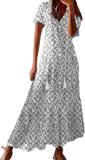 Womens Boho Maxi Dresses Summer Casual V Neck Ruffle Dress Loose Floral Maxi Dress Flowy Beach Vacation Dresses 2025