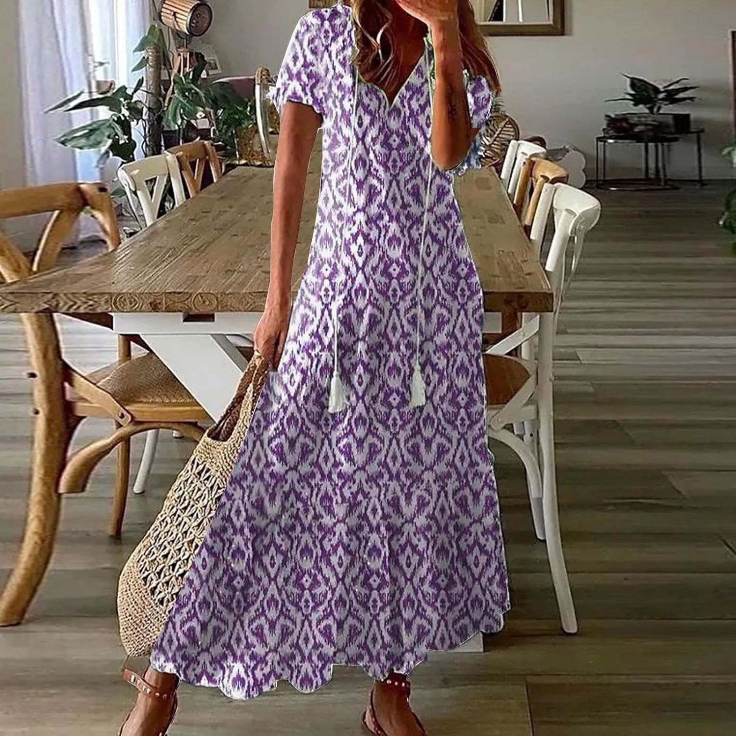 Womens Boho Maxi Dresses Summer Casual V Neck Ruffle Dress Loose Floral Maxi Dress Flowy Beach Vacation Dresses 2025
