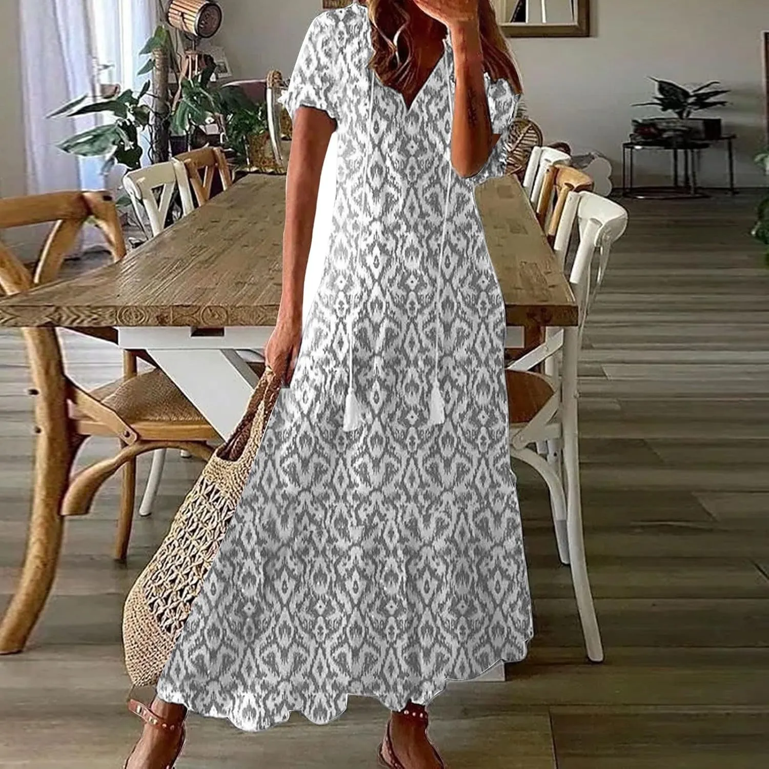 Womens Boho Maxi Dresses Summer Casual V Neck Ruffle Dress Loose Floral Maxi Dress Flowy Beach Vacation Dresses 2025
