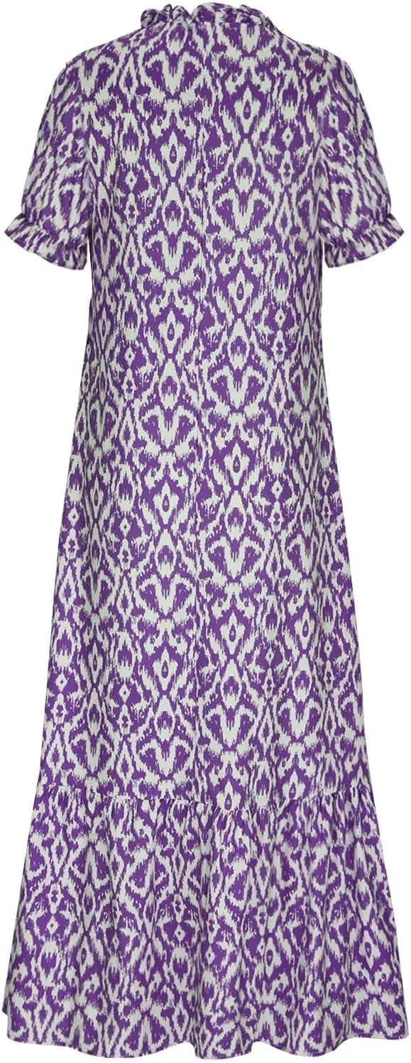 Womens Boho Maxi Dresses Summer Casual V Neck Ruffle Dress Loose Floral Maxi Dress Flowy Beach Vacation Dresses 2025