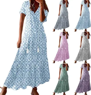 Womens Boho Maxi Dresses Summer Casual V Neck Ruffle Dress Loose Floral Maxi Dress Flowy Beach Vacation Dresses 2025