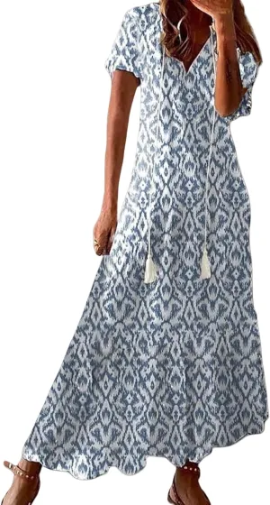 Womens Boho Maxi Dresses Summer Casual V Neck Ruffle Dress Loose Floral Maxi Dress Flowy Beach Vacation Dresses 2025