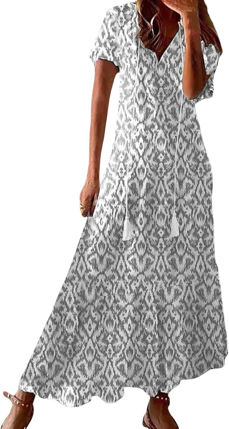 Womens Boho Maxi Dresses Summer Casual V Neck Ruffle Dress Loose Floral Maxi Dress Flowy Beach Vacation Dresses 2025