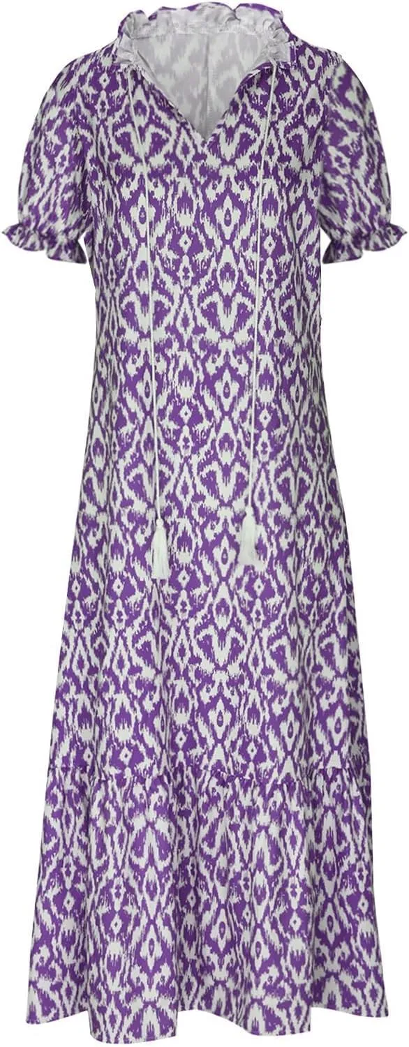 Womens Boho Maxi Dresses Summer Casual V Neck Ruffle Dress Loose Floral Maxi Dress Flowy Beach Vacation Dresses 2025
