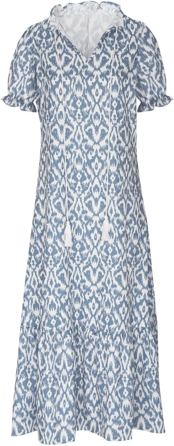 Womens Boho Maxi Dresses Summer Casual V Neck Ruffle Dress Loose Floral Maxi Dress Flowy Beach Vacation Dresses 2025