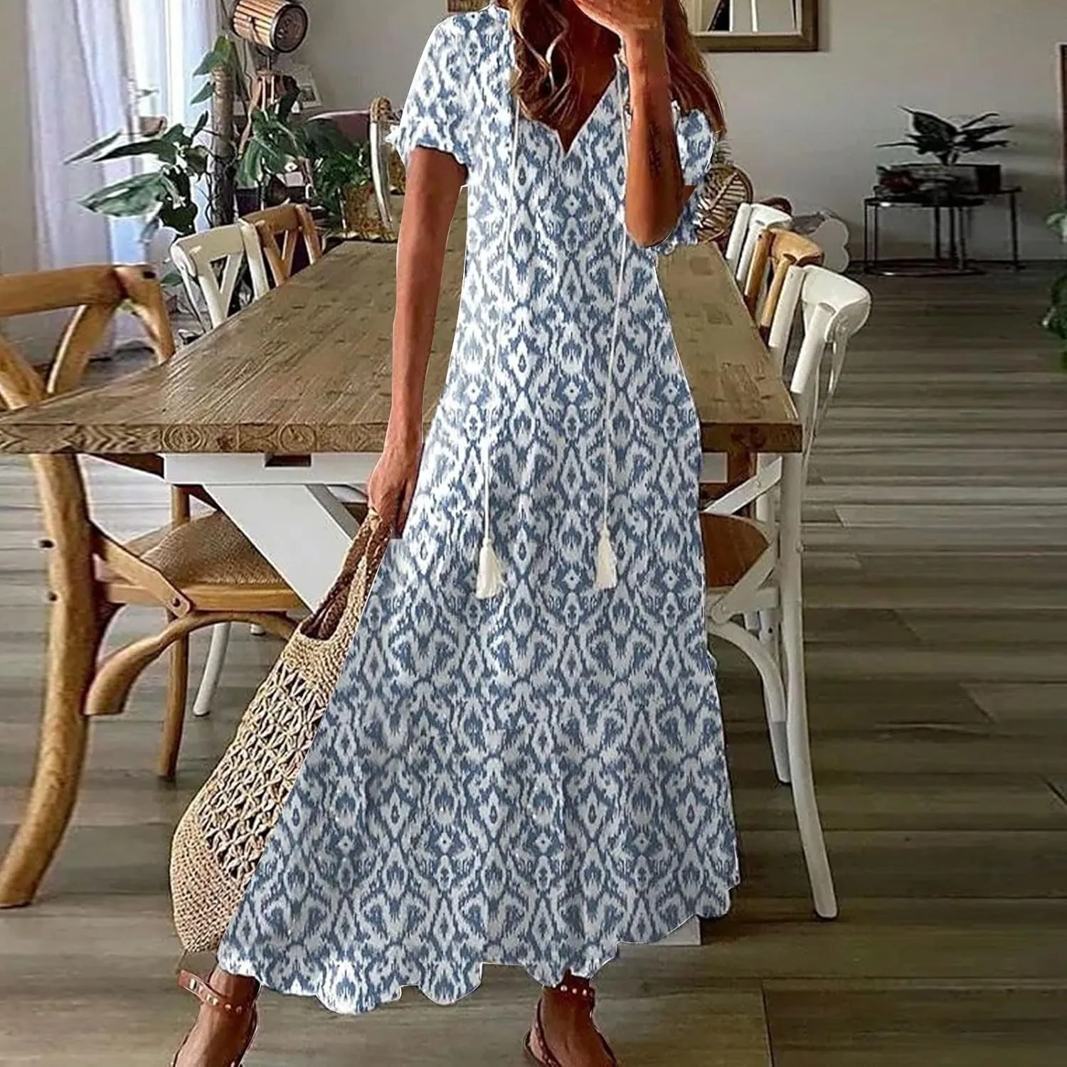 Womens Boho Maxi Dresses Summer Casual V Neck Ruffle Dress Loose Floral Maxi Dress Flowy Beach Vacation Dresses 2025
