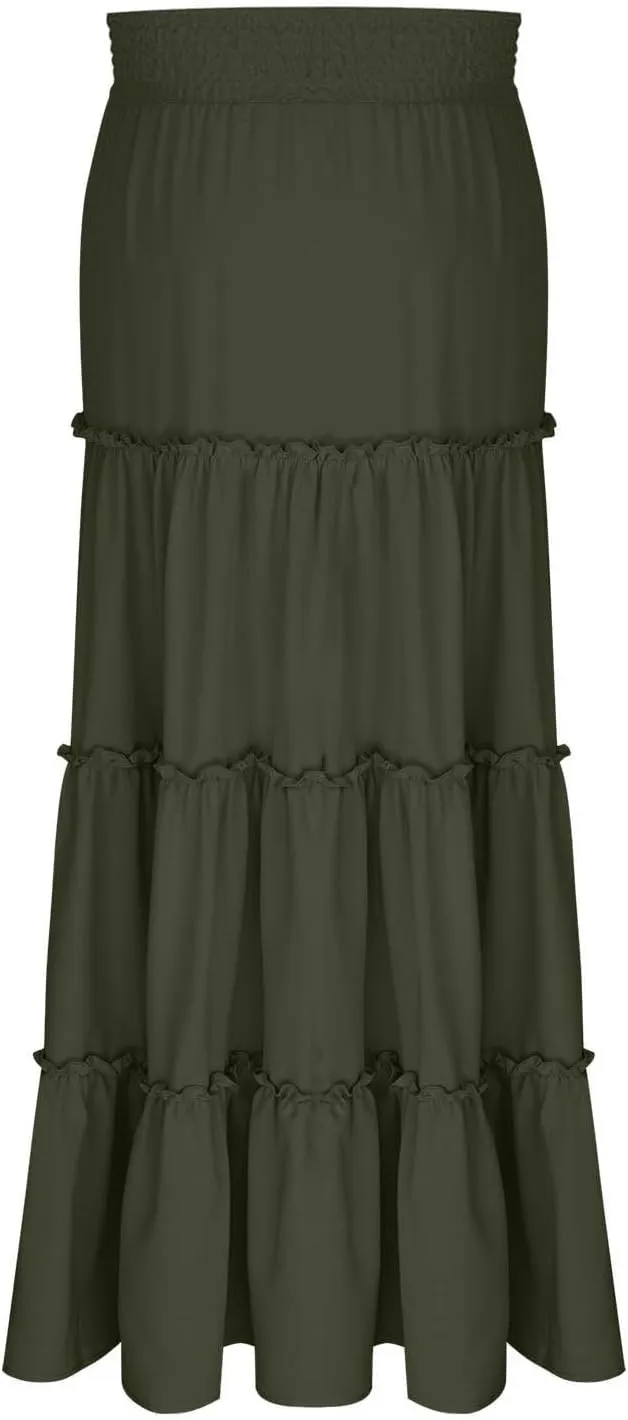 Womens Boho Maxi Skirt Summer Elastic High Waisted Swing Tiered Ruffle A-Line Skirts 2025 Fashion Beach Long Skirt