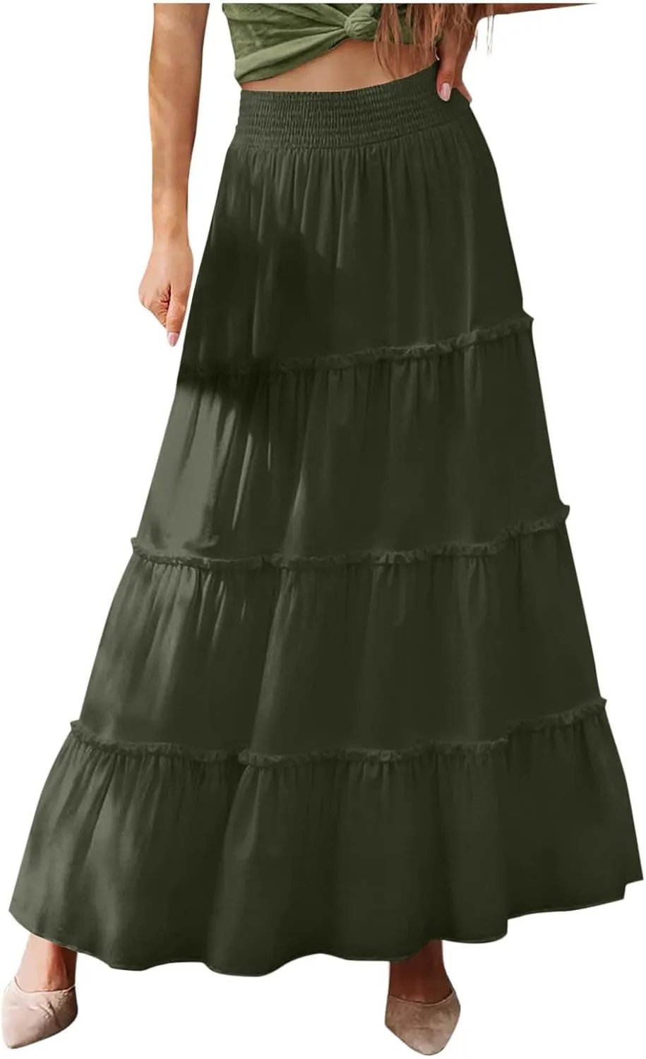 Womens Boho Maxi Skirt Summer Elastic High Waisted Swing Tiered Ruffle A-Line Skirts 2025 Fashion Beach Long Skirt