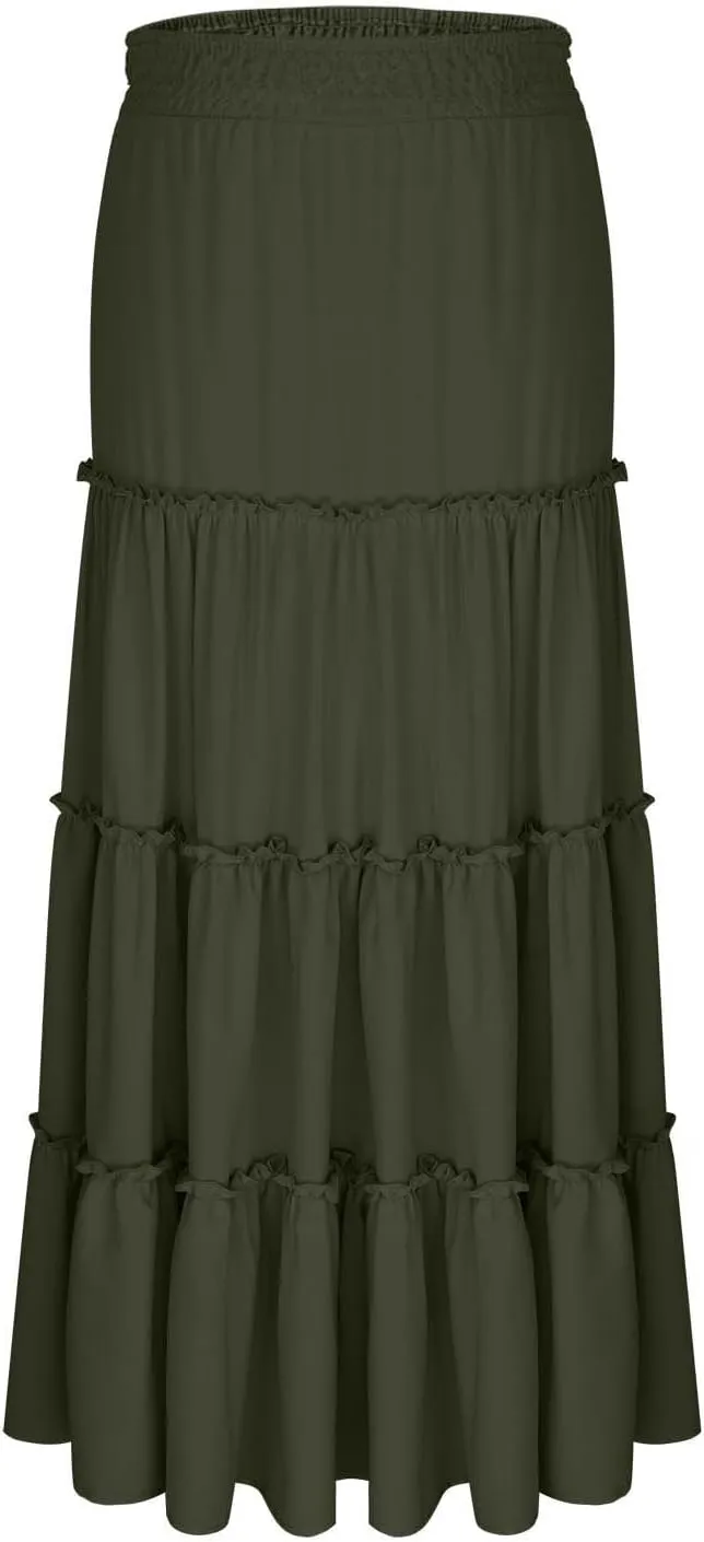 Womens Boho Maxi Skirt Summer Elastic High Waisted Swing Tiered Ruffle A-Line Skirts 2025 Fashion Beach Long Skirt