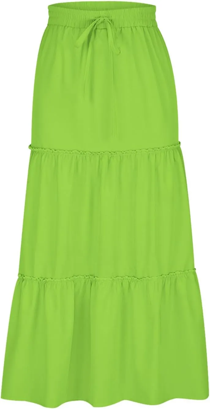 Women's Boho Maxi Skirt Summer Flowy Skirts A Line Pleated Skirts Ruffle Tiered Skirt Drawstring High Waist Skirt