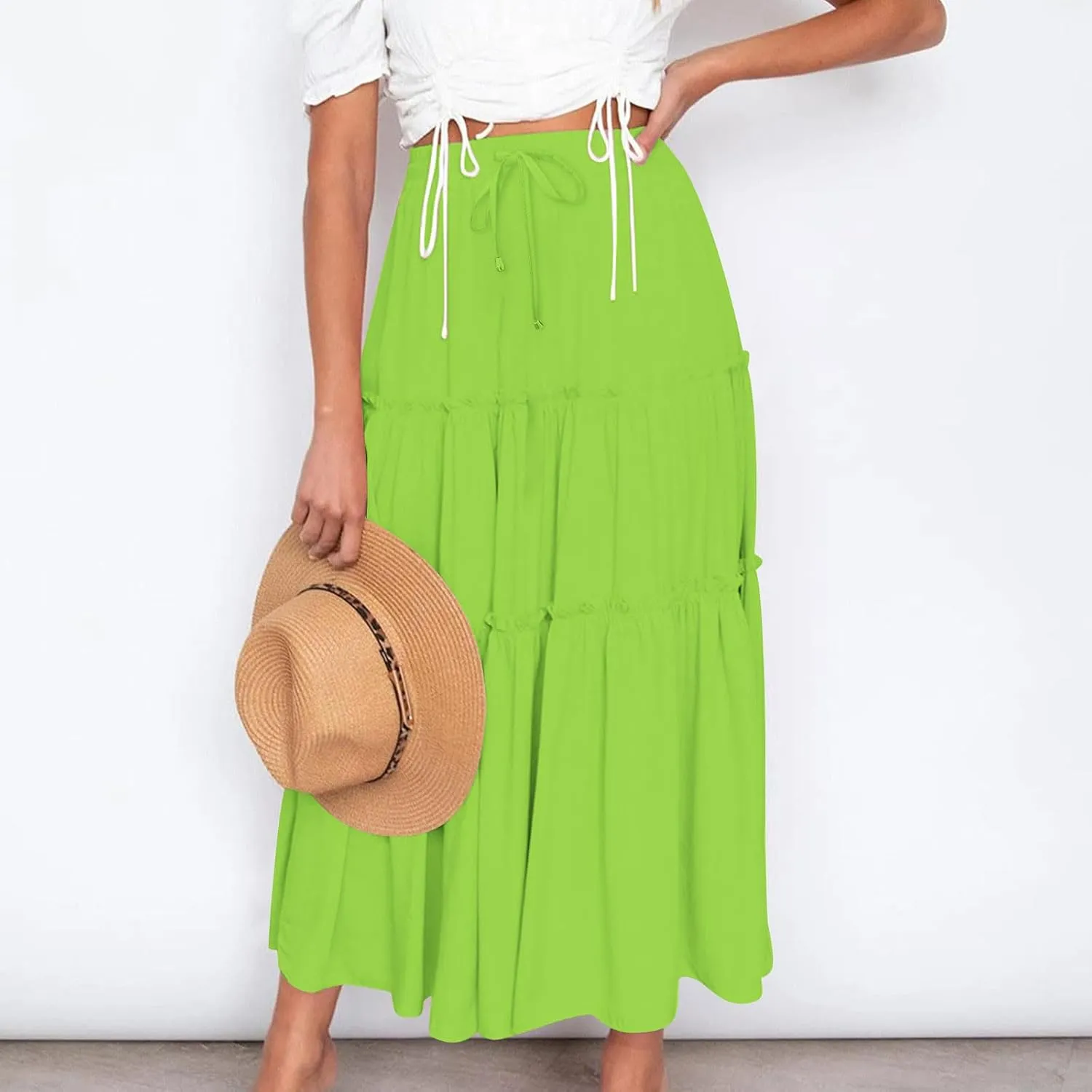 Women's Boho Maxi Skirt Summer Flowy Skirts A Line Pleated Skirts Ruffle Tiered Skirt Drawstring High Waist Skirt