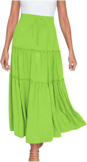 Women's Boho Maxi Skirt Summer Flowy Skirts A Line Pleated Skirts Ruffle Tiered Skirt Drawstring High Waist Skirt