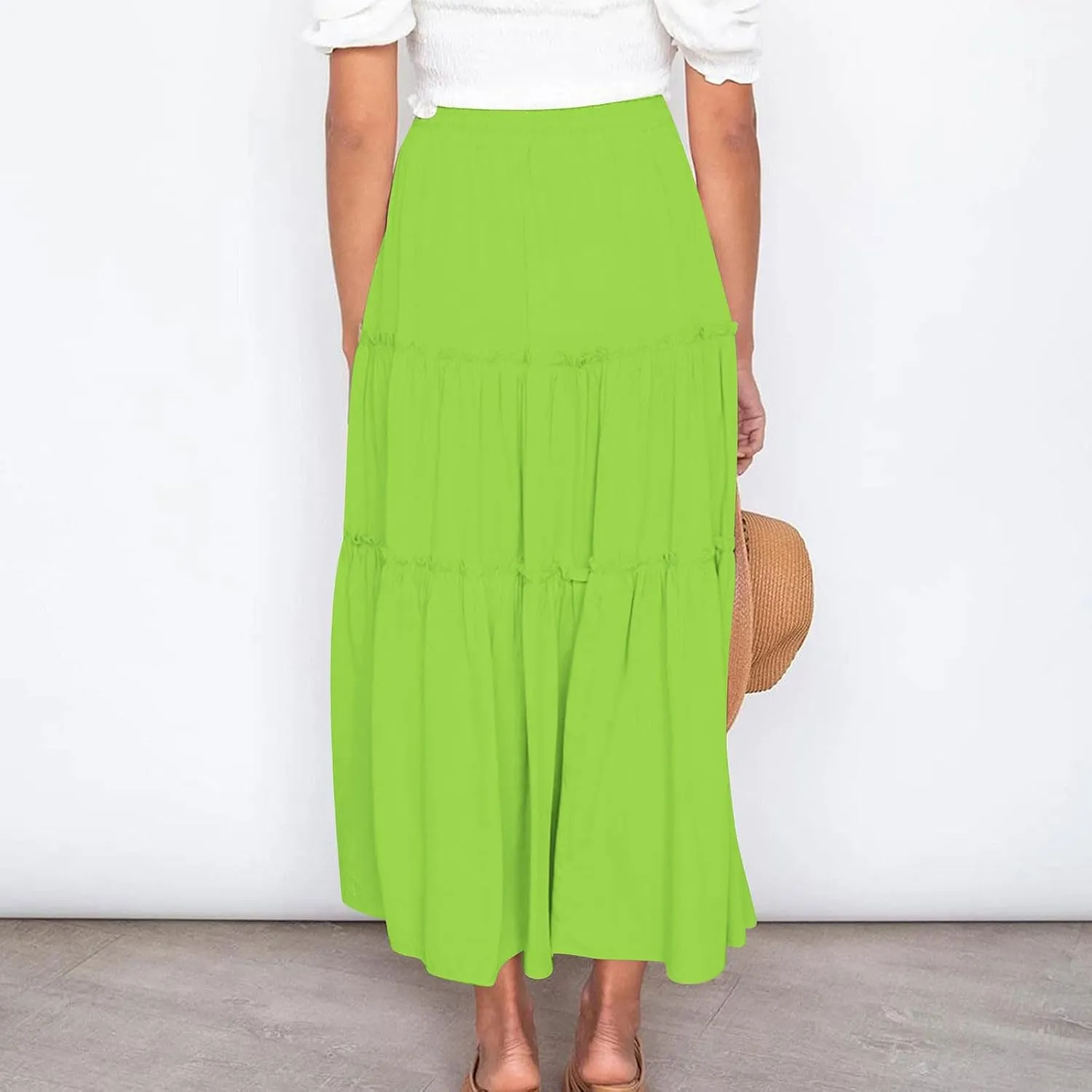 Women's Boho Maxi Skirt Summer Flowy Skirts A Line Pleated Skirts Ruffle Tiered Skirt Drawstring High Waist Skirt