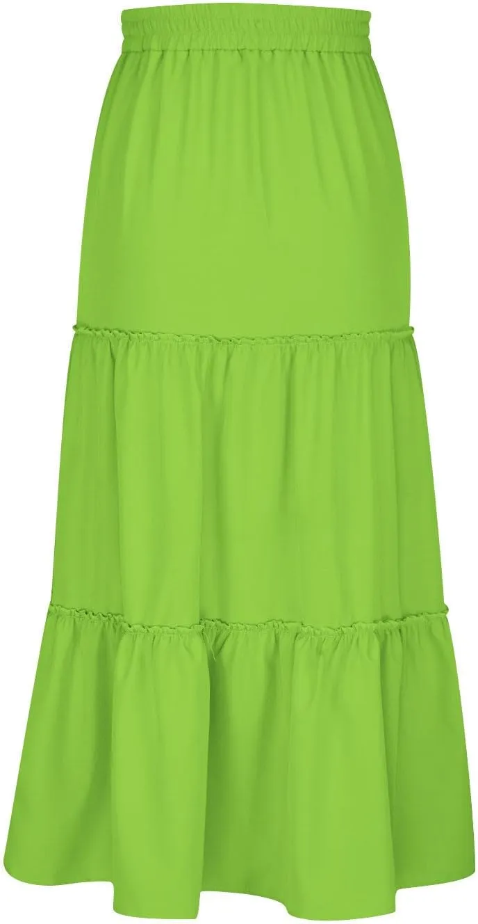 Women's Boho Maxi Skirt Summer Flowy Skirts A Line Pleated Skirts Ruffle Tiered Skirt Drawstring High Waist Skirt