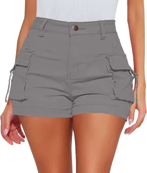 Womens Cargo Shorts Button High Waisted Pull On Shorts Summer Casual Utility Cut Off Shorts Jean Shorts with Pockets