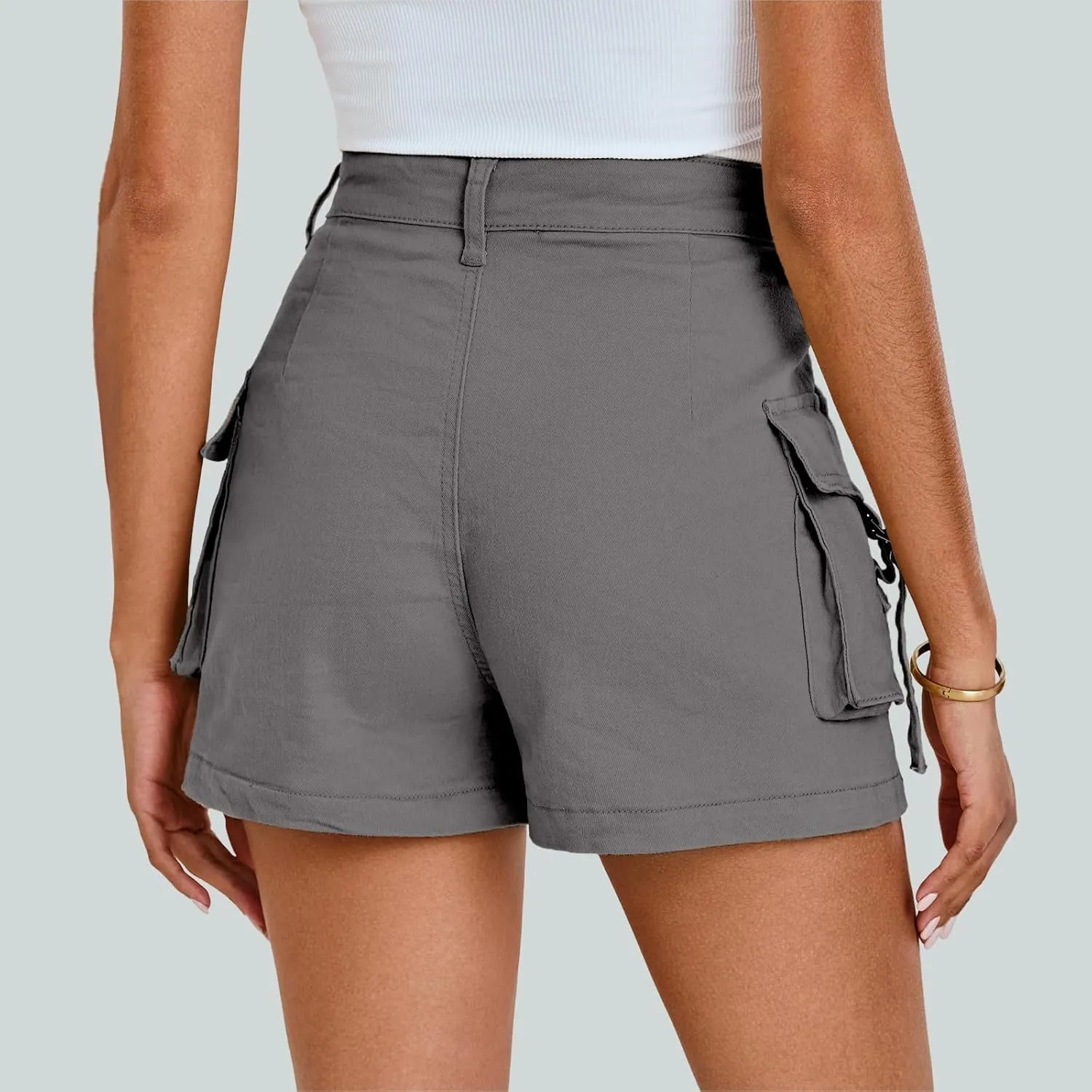 Womens Cargo Shorts Button High Waisted Pull On Shorts Summer Casual Utility Cut Off Shorts Jean Shorts with Pockets