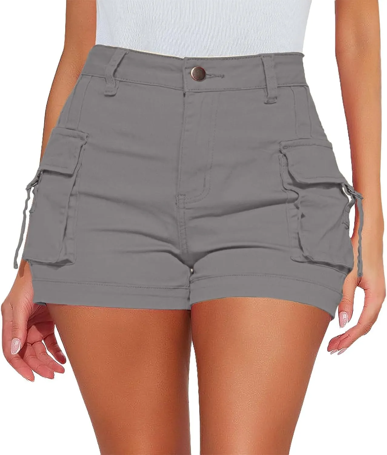 Womens Cargo Shorts Button High Waisted Pull On Shorts Summer Casual Utility Cut Off Shorts Jean Shorts with Pockets