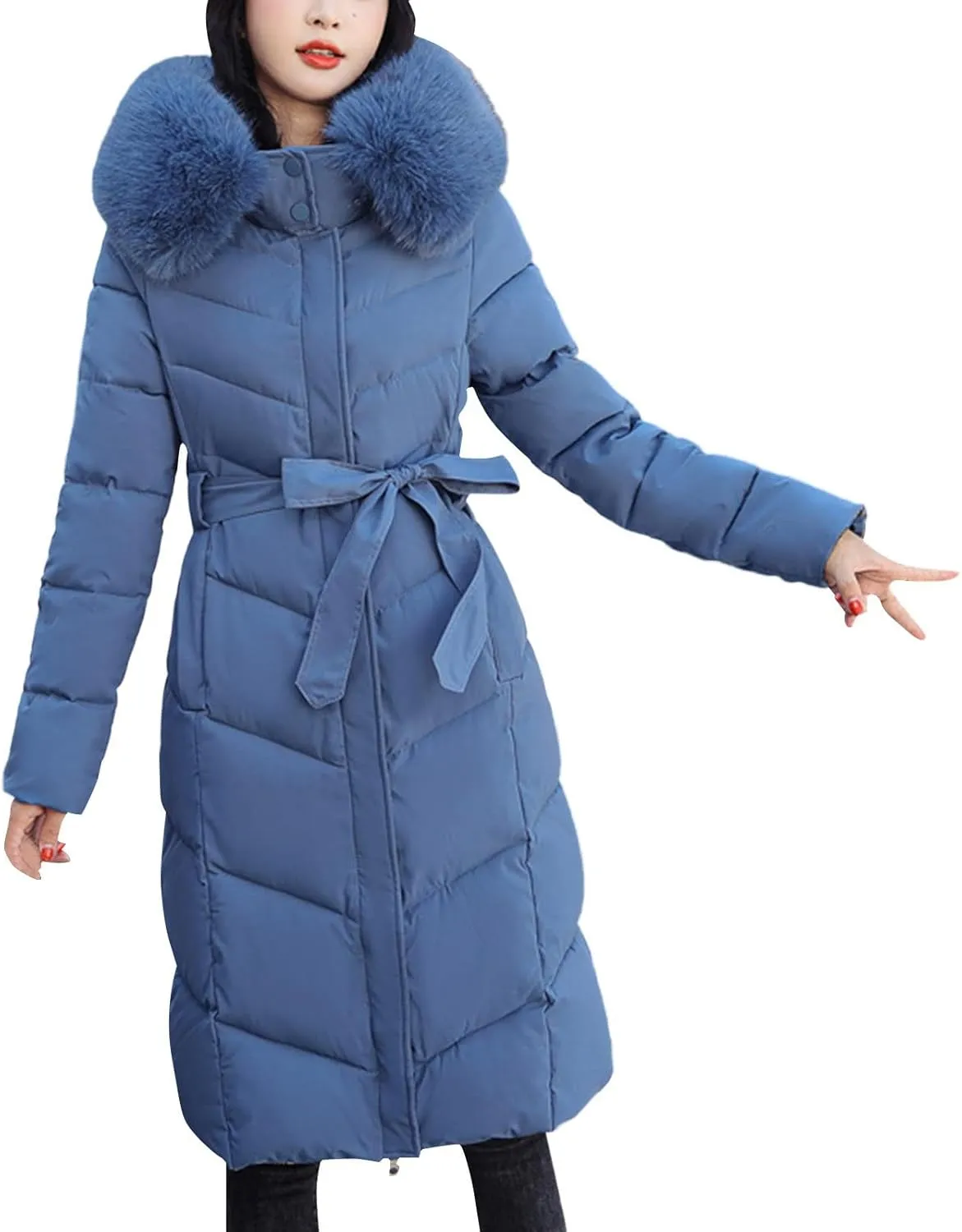 Women's Casual Zip Up Anork Jackets Thick Fleece Lined Plush Hooded Casual Faux Fur Hooded Pockets Utility Anorak Safari Coat Navy