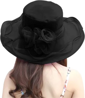 Women's Church Derby Dress Hat for Tea Party Wedding Organza Fascinator Hat with Wide Brim Sun Bucket Hat for Summer