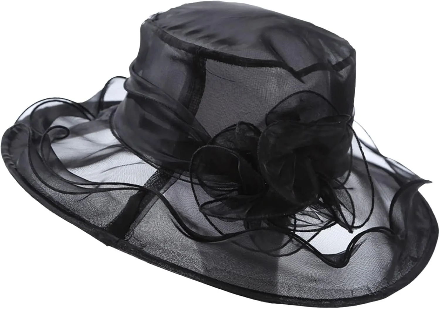 Women's Church Derby Dress Hat for Tea Party Wedding Organza Fascinator Hat with Wide Brim Sun Bucket Hat for Summer
