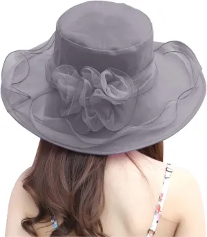 Women's Church Derby Dress Hat for Tea Party Wedding Organza Fascinator Hat with Wide Brim Sun Bucket Hat for Summer