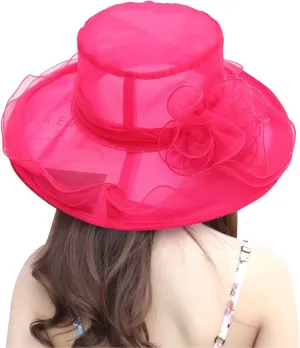 Women's Church Derby Dress Hat for Tea Party Wedding Organza Fascinator Hat with Wide Brim Sun Bucket Hat for Summer